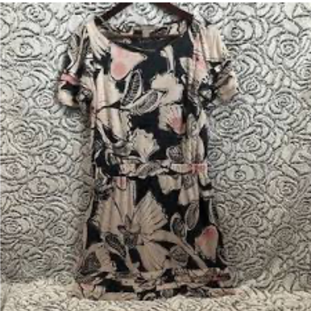 ZARA Floral Cream,black& pink midi dress -elastic ruched band at waist E…
